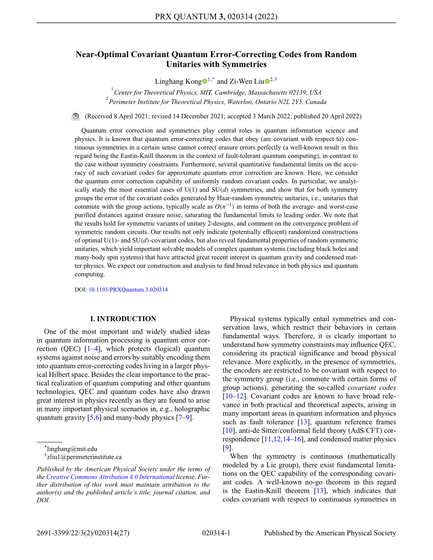 Pdf Near Optimal Covariant Quantum Error Correcting Codes From Random Unitaries With Symmetries 4409