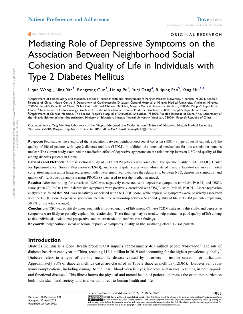 Pdf Mediating Role Of Depressive Symptoms On The Association Between Neighborhood Social