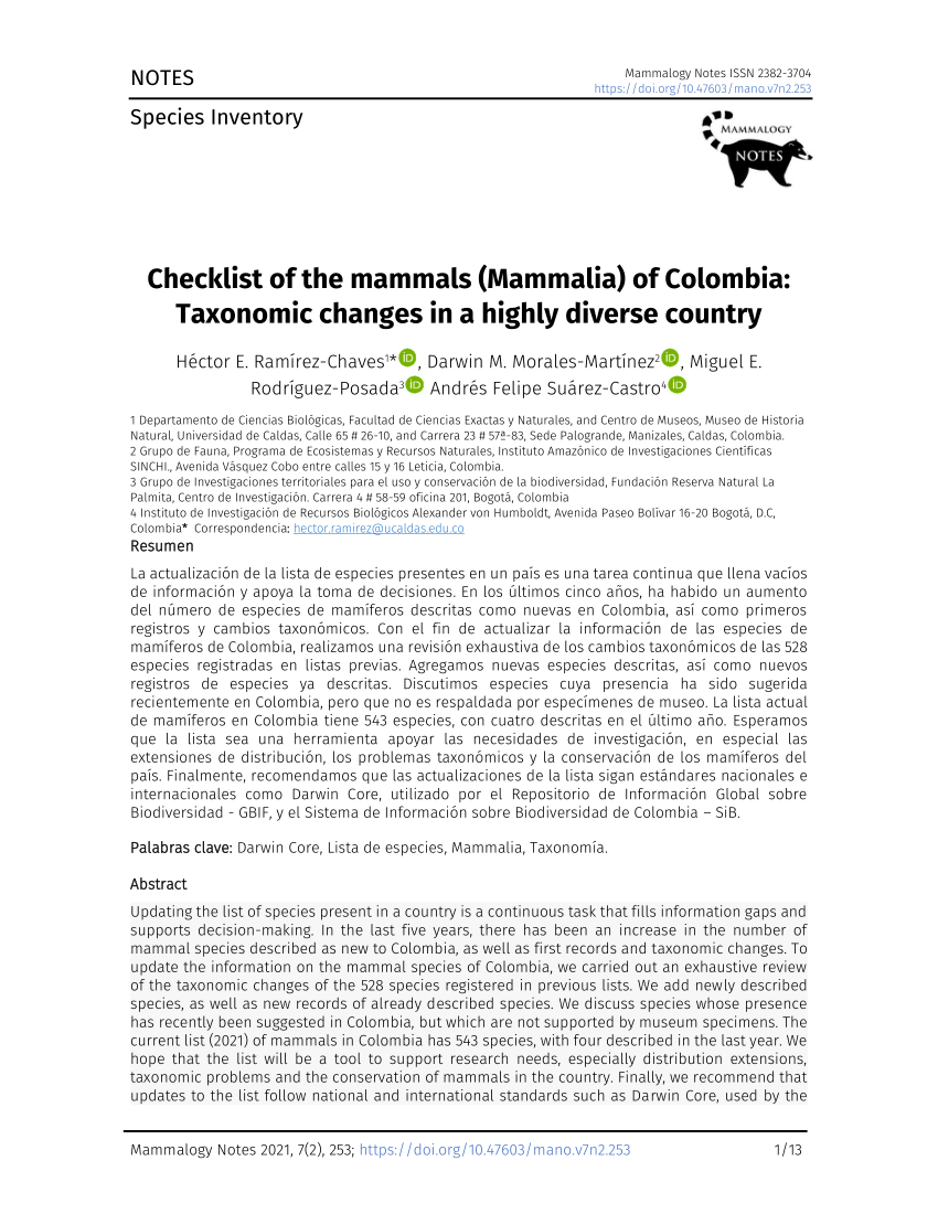 (PDF) Checklist of the mammals (Mammalia) of Colombia: Taxonomic