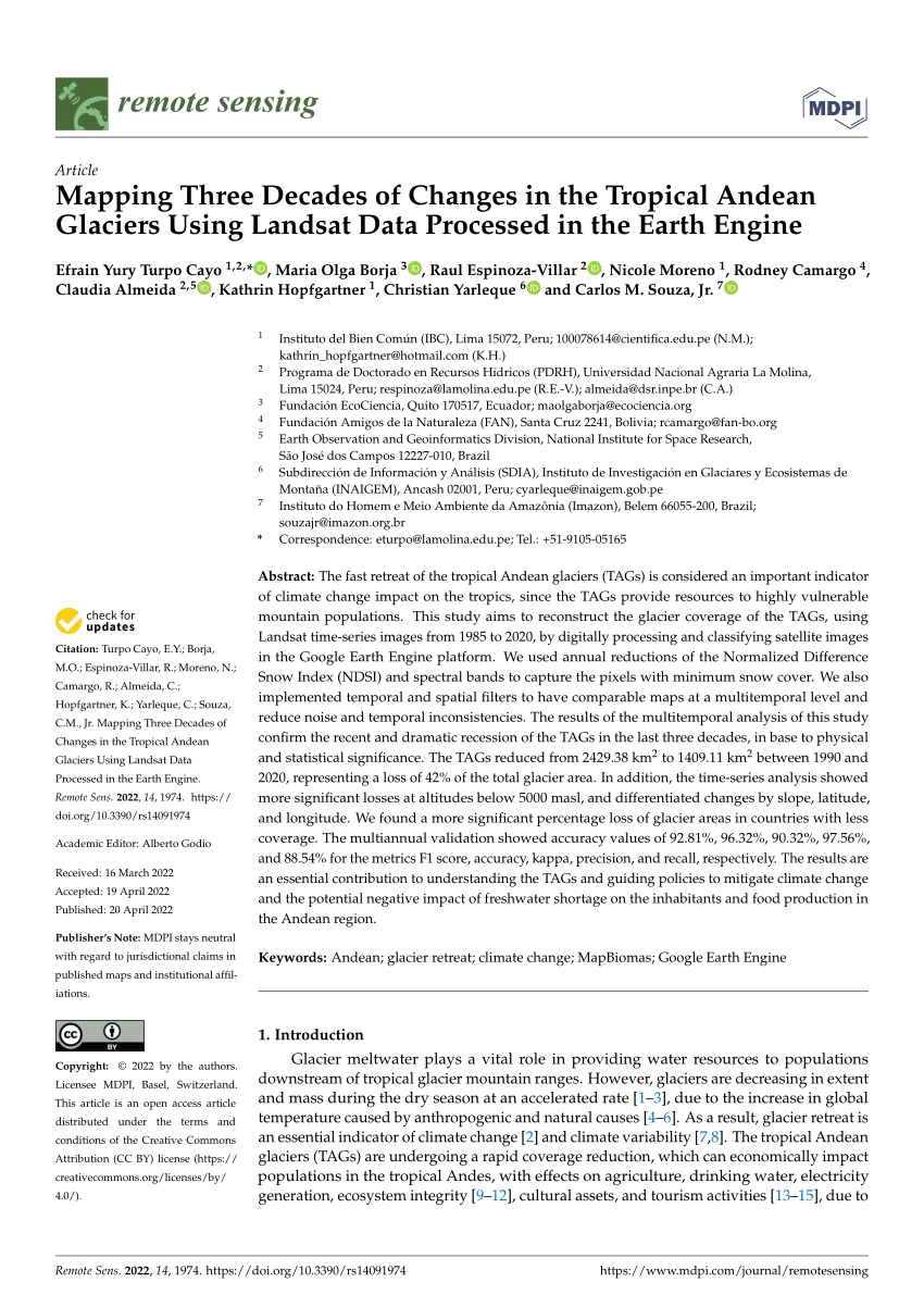 PDF) Mapping Three Decades of Changes in the Tropical Andean Glaciers Using  Landsat Data Processed in the Earth Engine