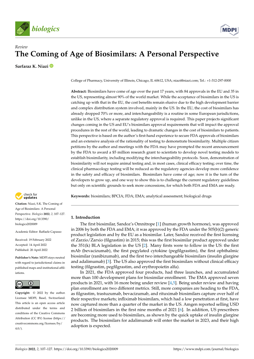 PDF) The Coming of Age of Biosimilars: A Personal Perspective