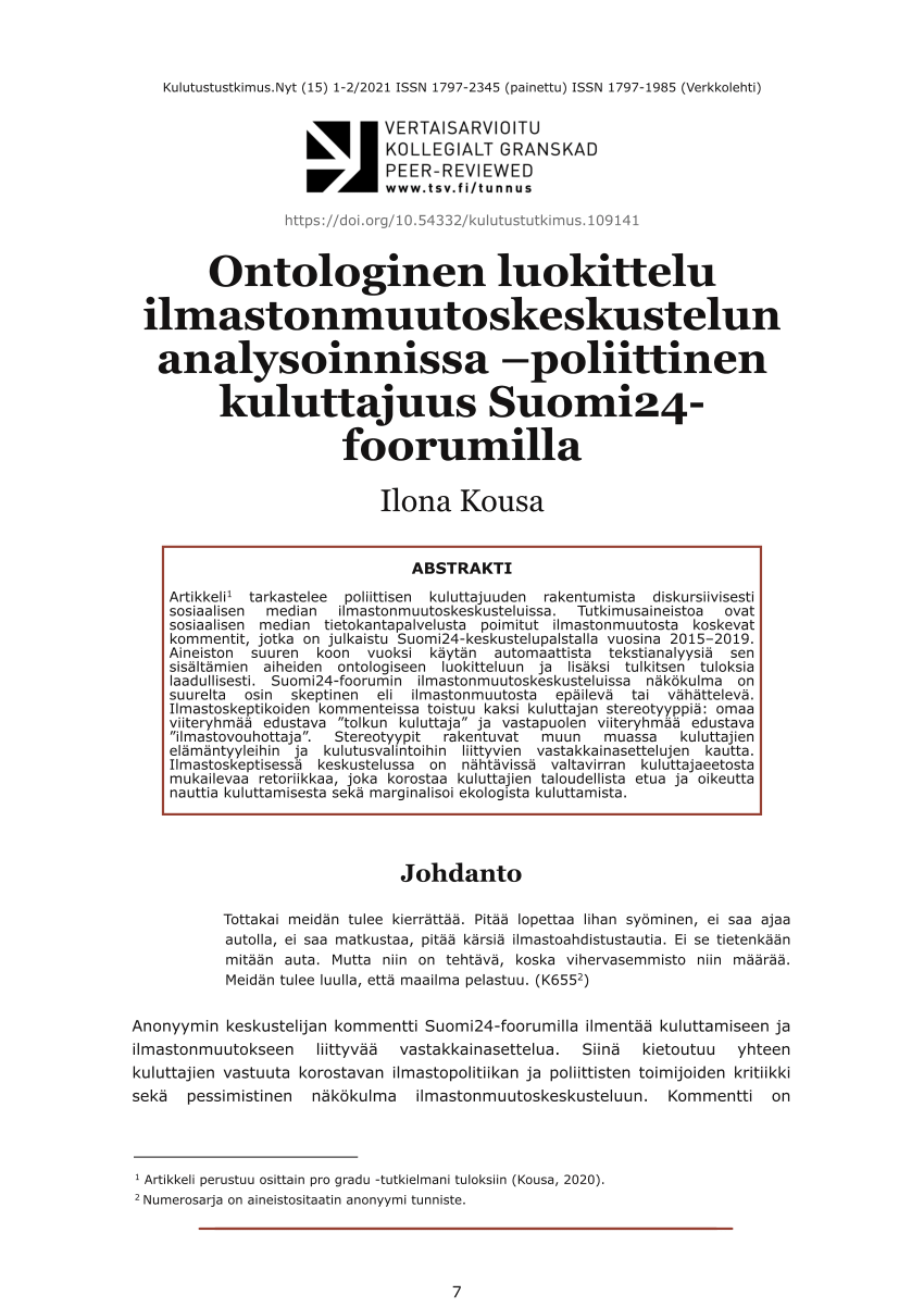 PDF) Ontologinen luokittelu ilmastonmuutoskeskustelun analysoinnissa –  poliittinen kuluttajuus Suomi24-foorumilla