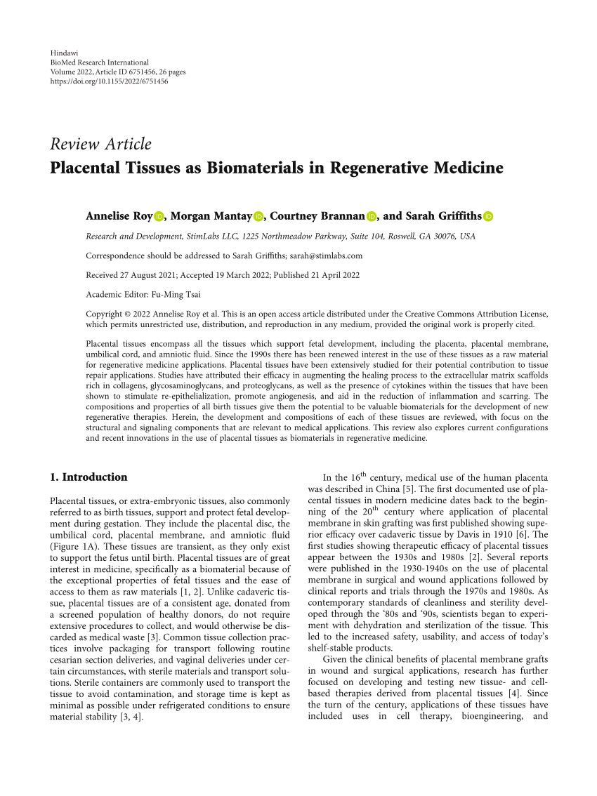 (PDF) Placental Tissues as Biomaterials in Regenerative Medicine