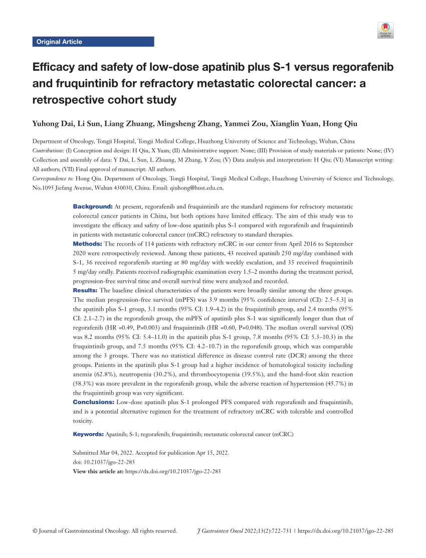 Pdf Efficacy And Safety Of Low Dose Apatinib Plus S 1 Versus Regorafenib And Fruquintinib For