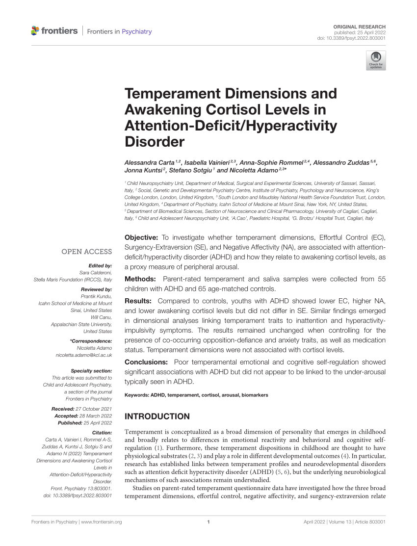 Pdf Temperament Dimensions And Awakening Cortisol Levels In Attention Deficithyperactivity 9684