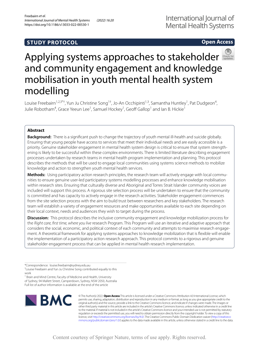 PDF) Applying systems approaches to stakeholder and community engagement  and knowledge mobilisation in youth mental health system modelling