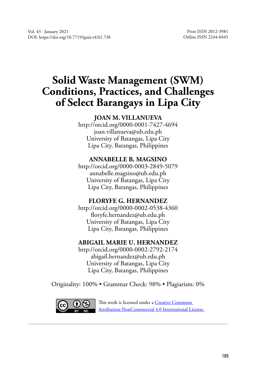 (PDF) Solid Waste Management (SWM) Conditions, Practices, and
