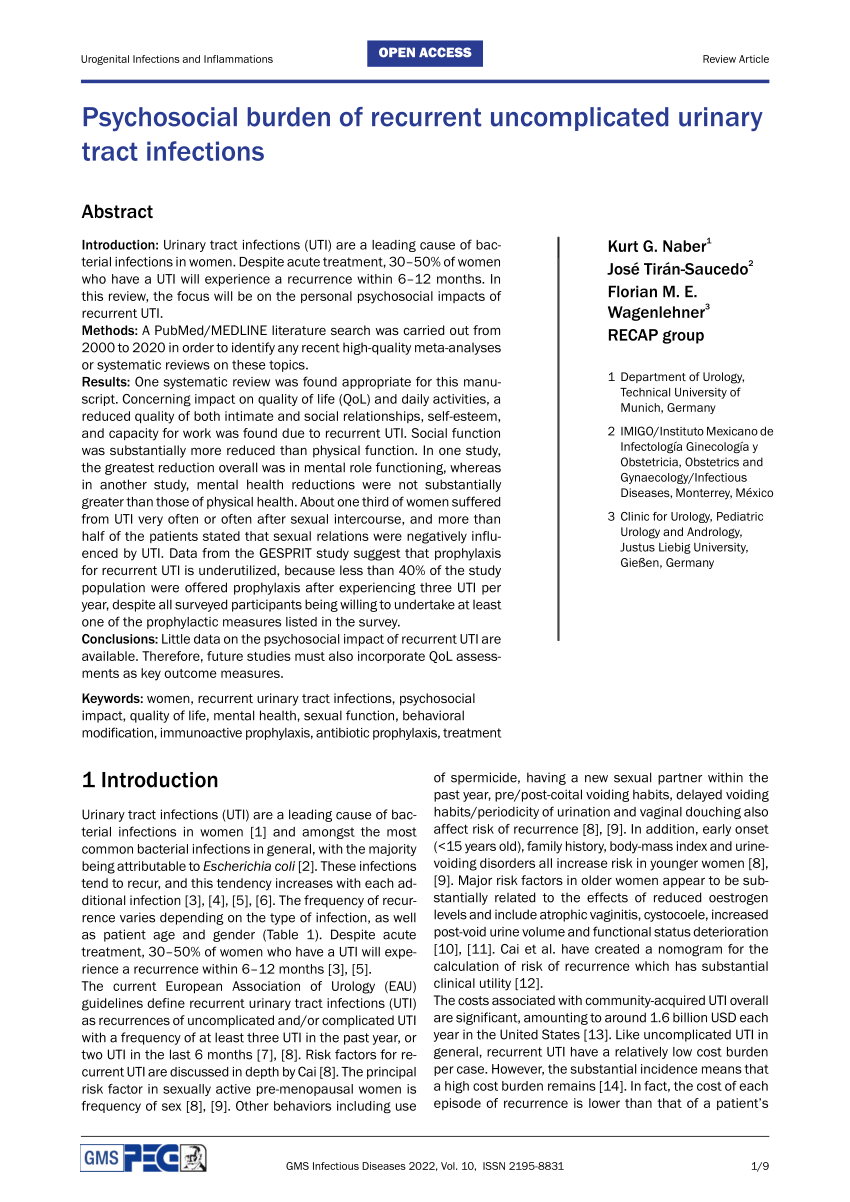 Pdf Psychosocial Burden Of Recurrent Uncomplicated Urinary Tract