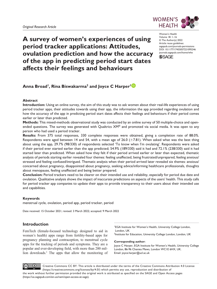 (PDF) A survey of women's experiences of using period tracker applications:  Attitudes, ovulation prediction and how the accuracy of the app in  predicting period start dates affects their feelings and behaviours