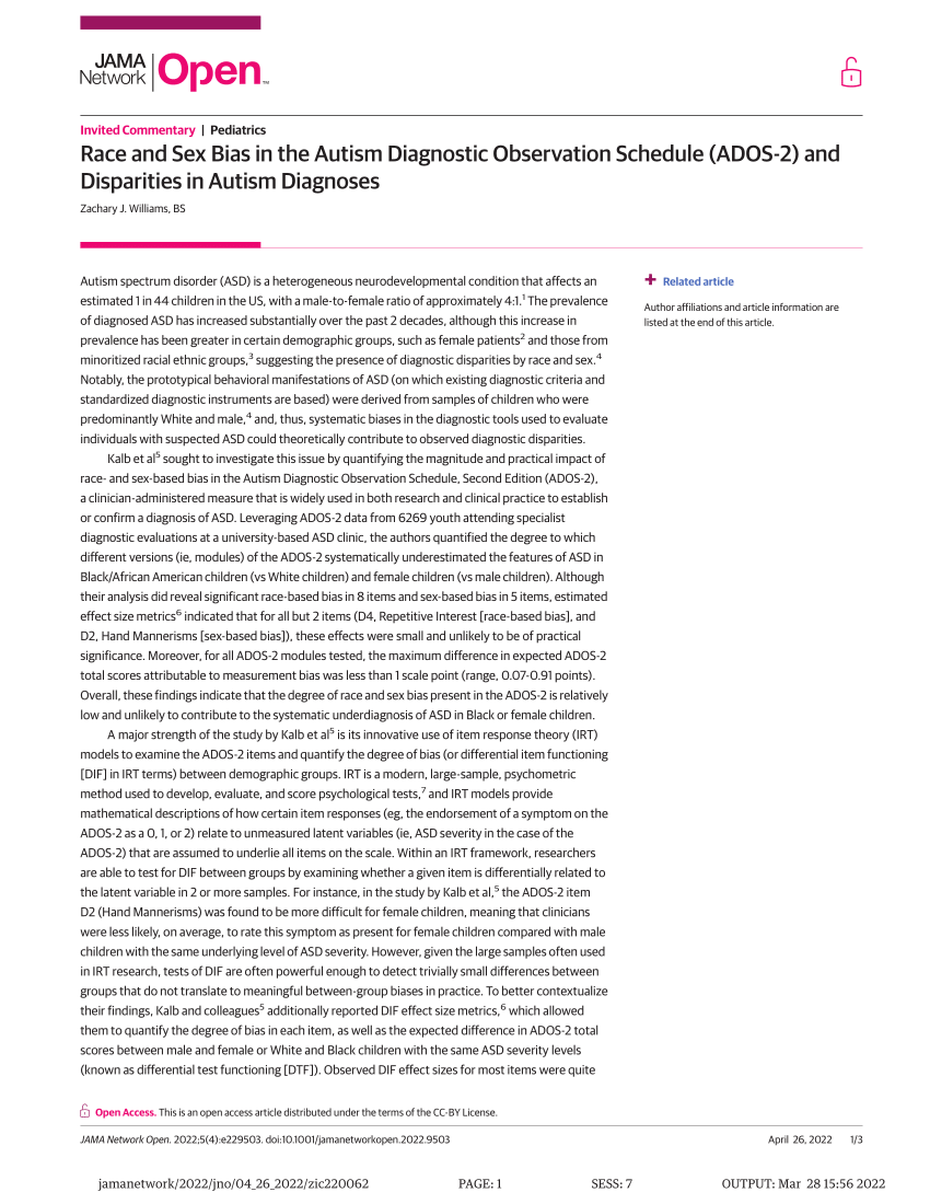 Pdf Race And Sex Bias In The Autism Diagnostic Observation Schedule Ados 2 And Disparities 3648