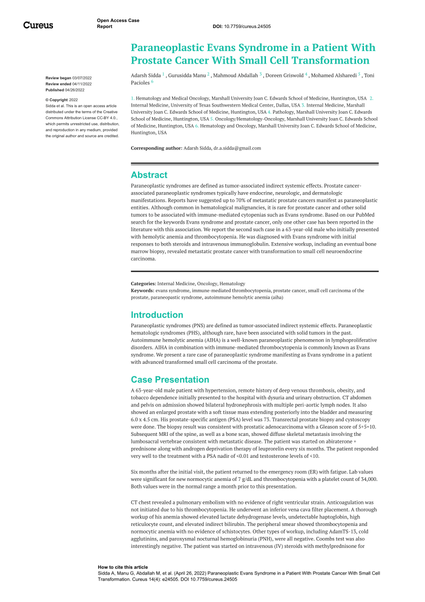 Pdf Paraneoplastic Evans Syndrome In A Patient With Prostate Cancer With Small Cell Transformation 8746