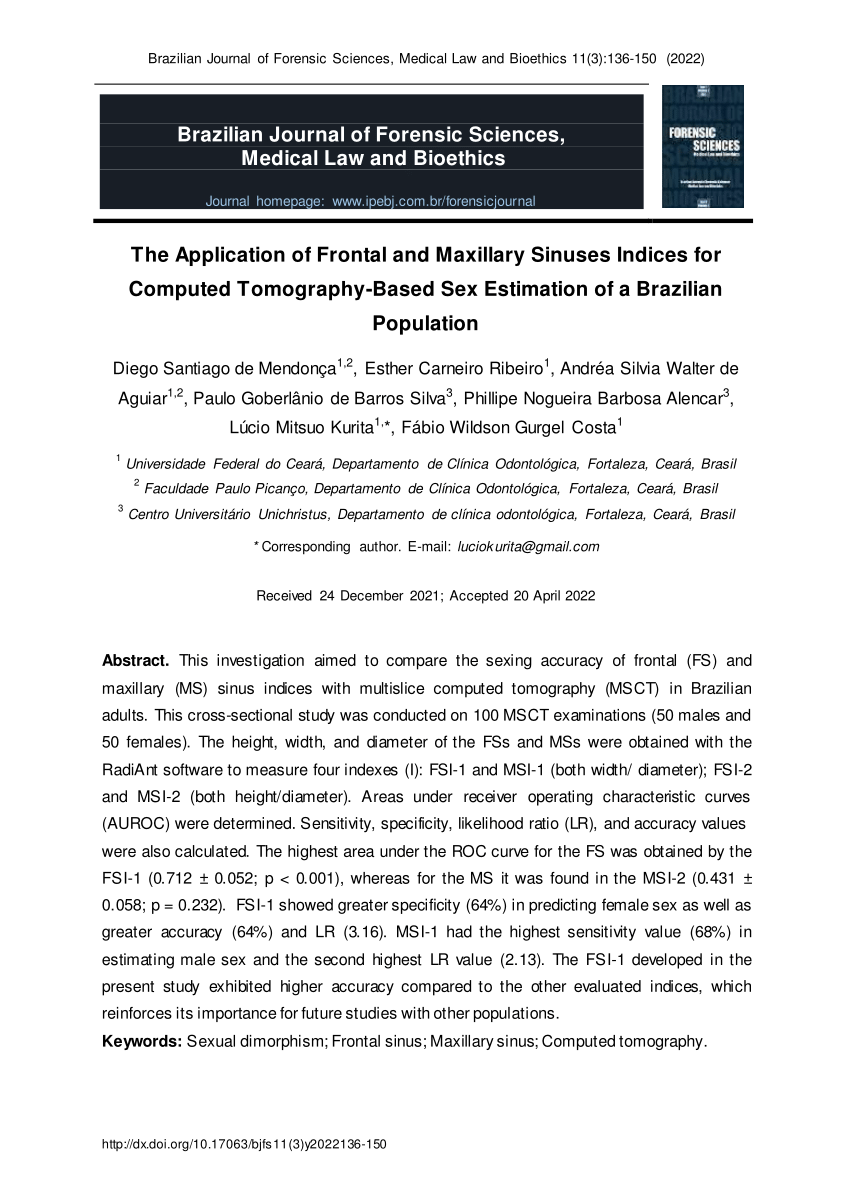 Pdf The Application Of Frontal And Maxillary Sinuses Indices For Computed Tomography Based Sex