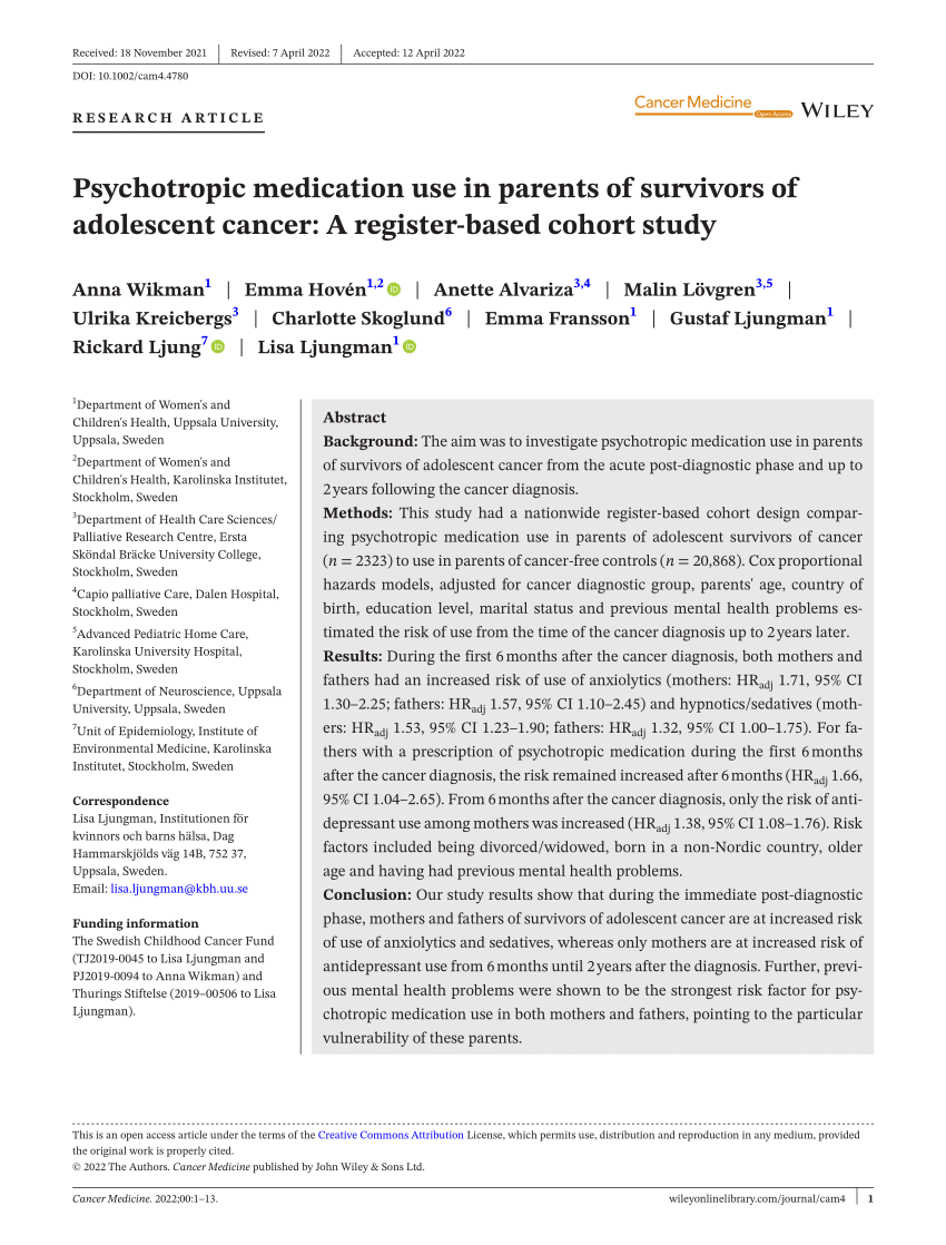 PDF) Psychotropic medication use in parents of survivors of adolescent  cancer: A register‐based cohort study