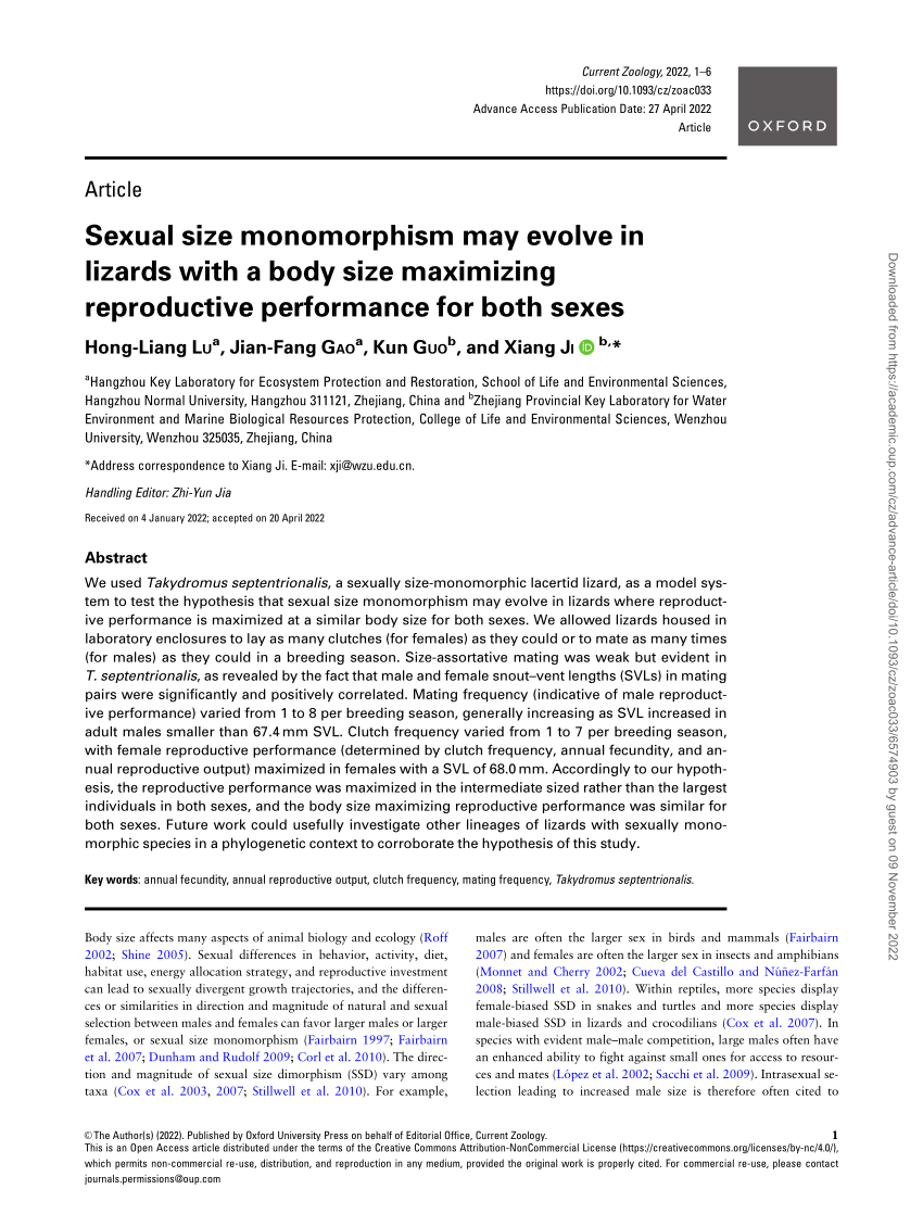 Pdf Sexual Size Monomorphism May Evolve In Lizards With A Body Size Maximizing Reproductive 8719