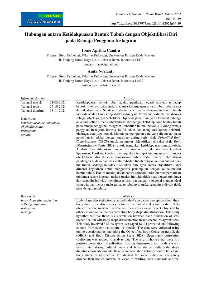 Pdf Hubungan Antara Ketidakpuasan Bentuk Tubuh Dengan Objektifikasi Diri Pada Remaja Pengguna 7227