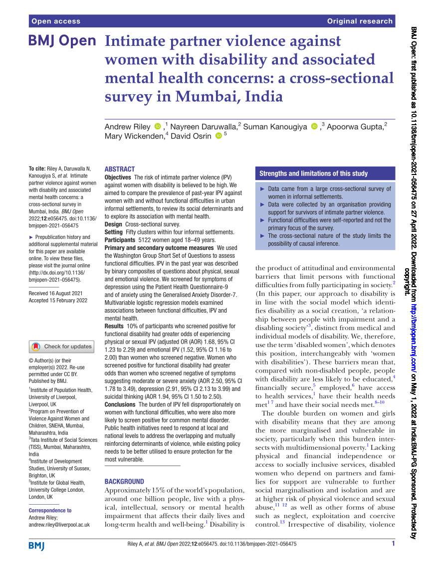 PDF) Intimate partner violence against women with disability and associated mental health concerns a cross-sectional survey in Mumbai, India kuva