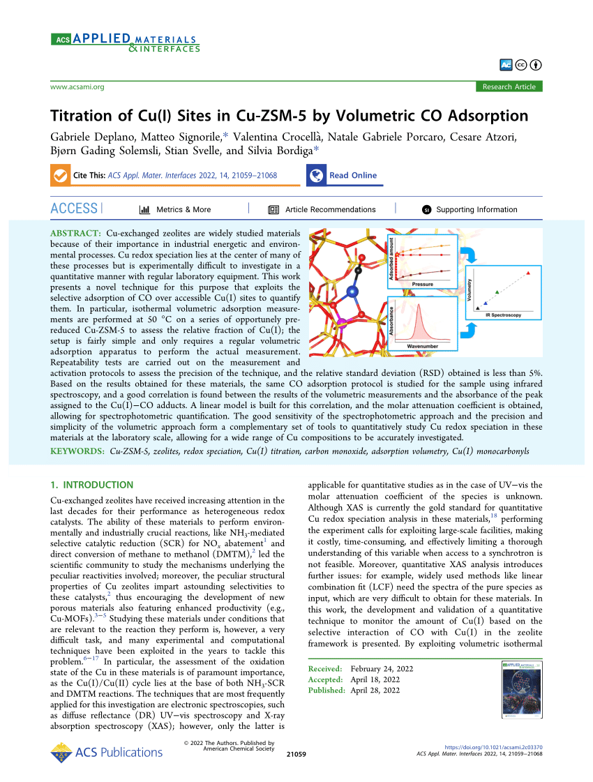 PDF) Titration of Cu(I) Sites in Cu-ZSM-5 by Volumetric CO Adsorption