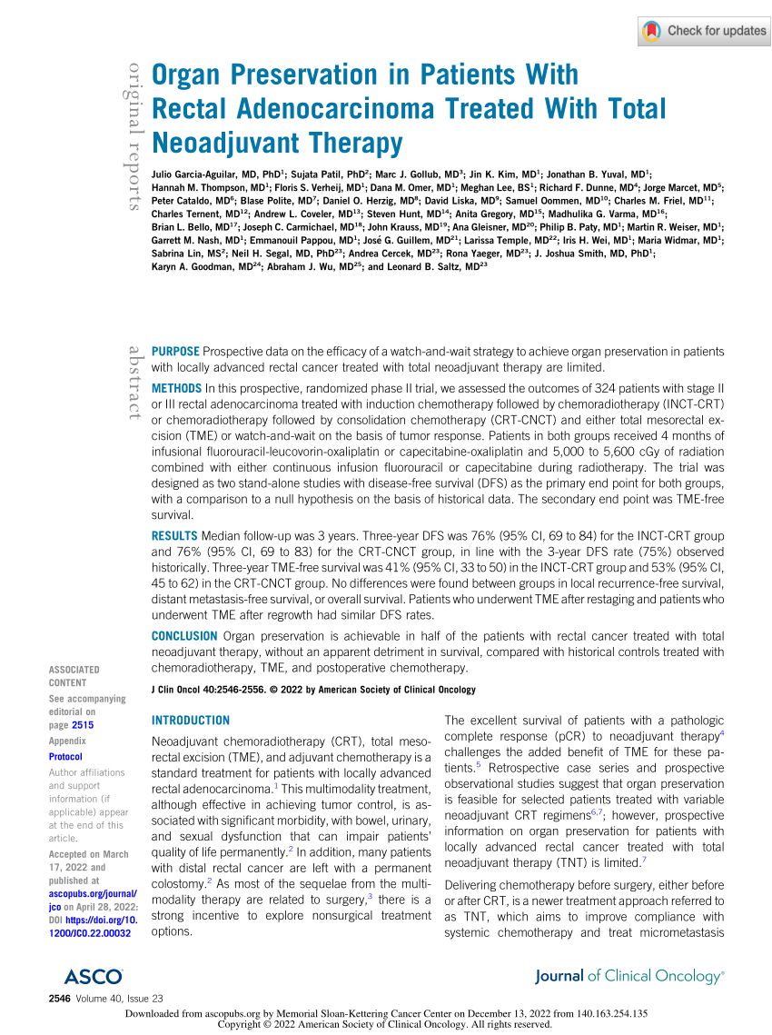 Pdf Organ Preservation In Patients With Rectal Adenocarcinoma Treated With Total Neoadjuvant 8995