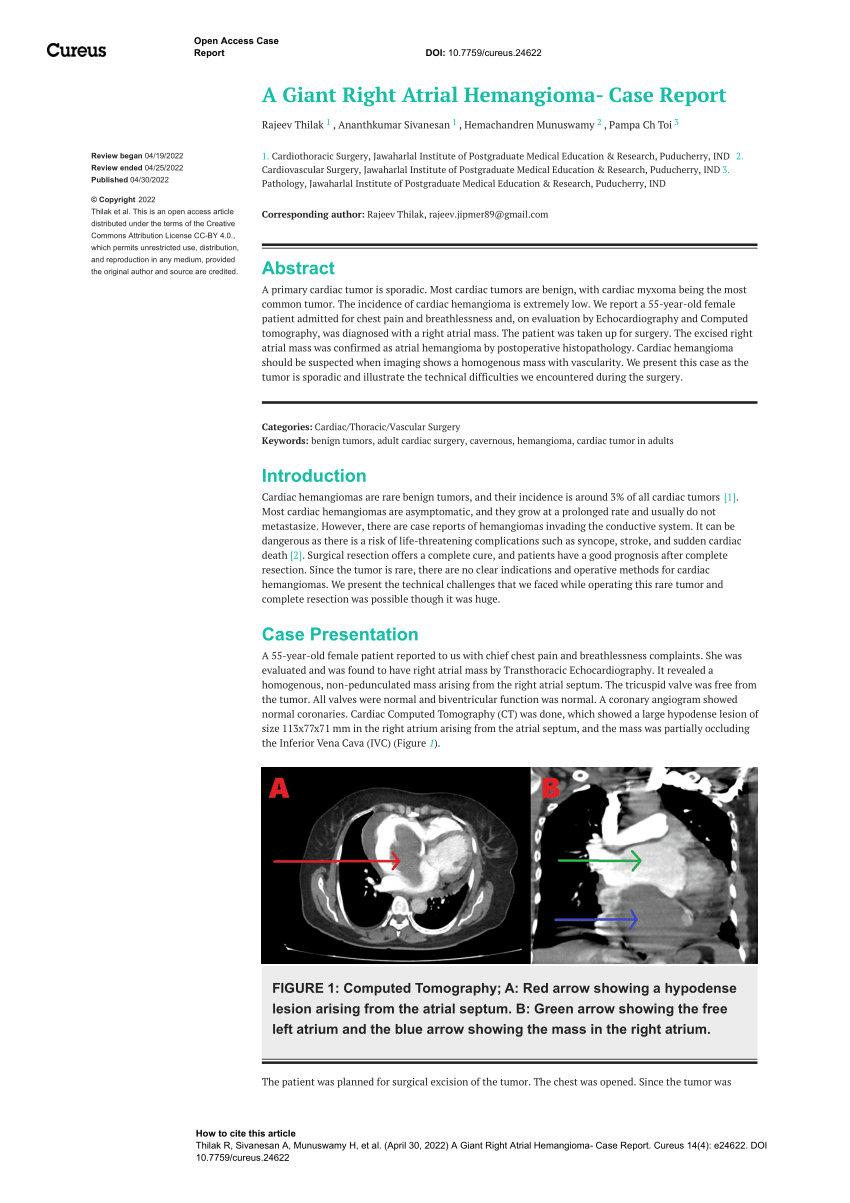 Pdf A Giant Right Atrial Hemangioma Case Report