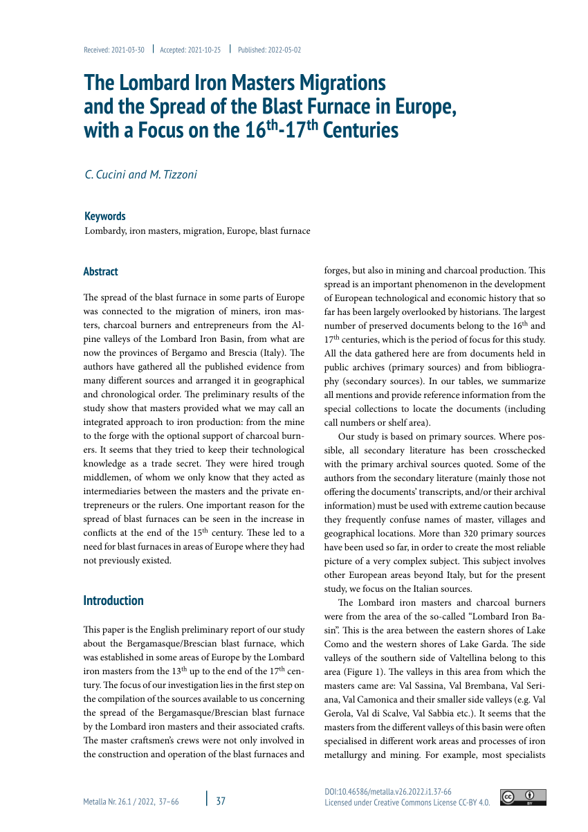 PDF) The Lombard Iron Masters Migrations and the Spread of the Blast  Furnace in Europe, with a Focus on the 16th-17th Centuries