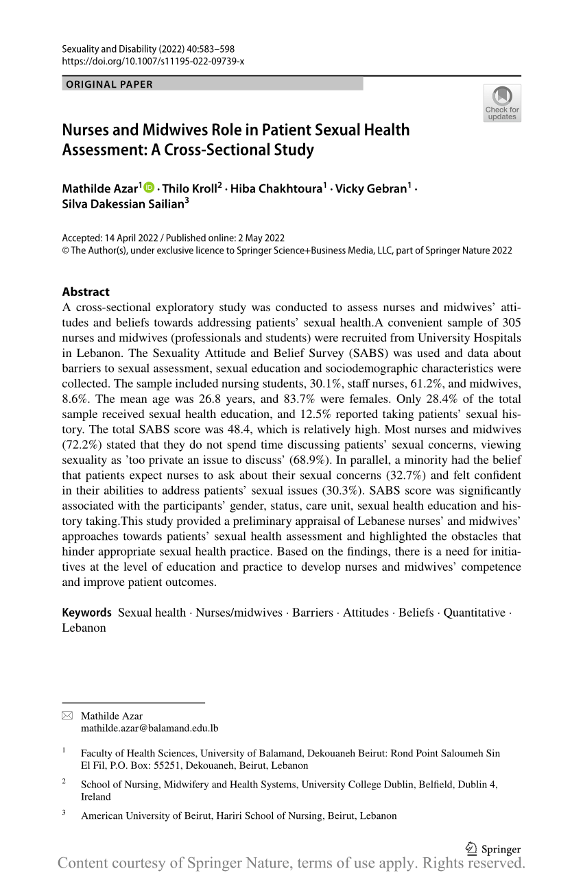 Nurses and Midwives Role in Patient Sexual Health Assessment A