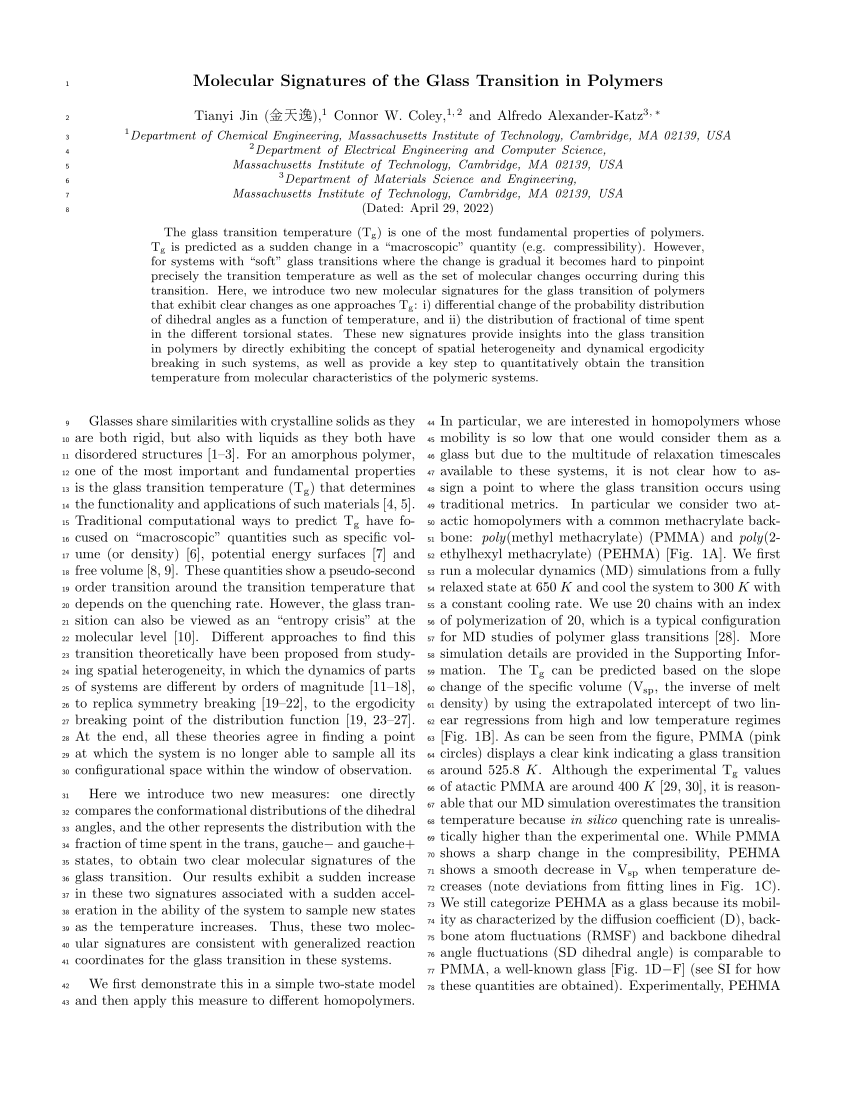 Pdf Molecular Signatures Of The Glass Transition In Polymers