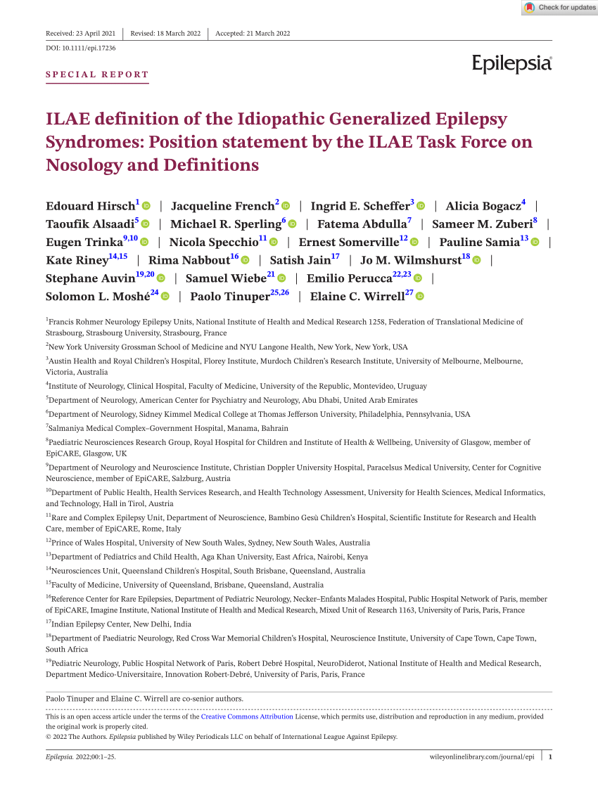 PDF ILAE definition of the Idiopathic Generalized Epilepsy  