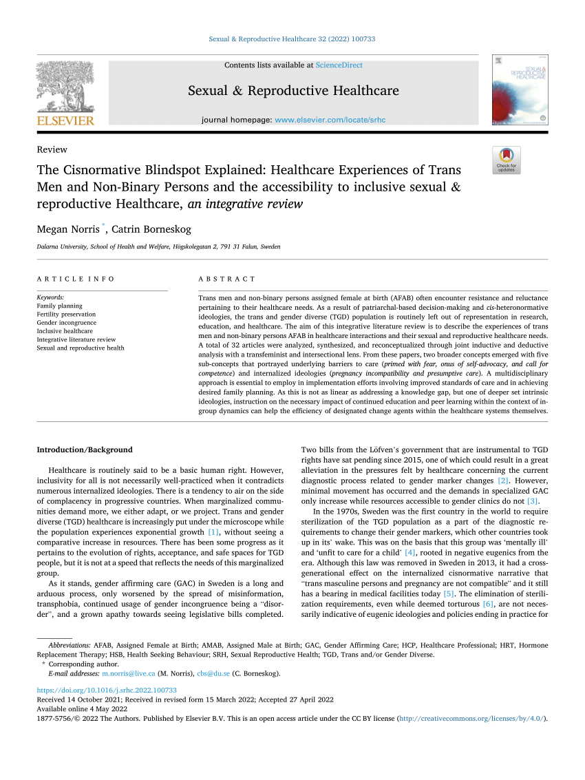 Pdf The Cisnormative Blindspot Explained Healthcare Experiences Of Trans Men And Non Binary 