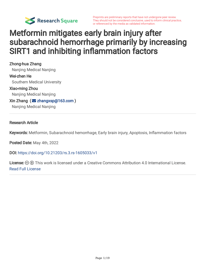 (PDF) Metformin mitigates early brain injury after subarachnoid ...
