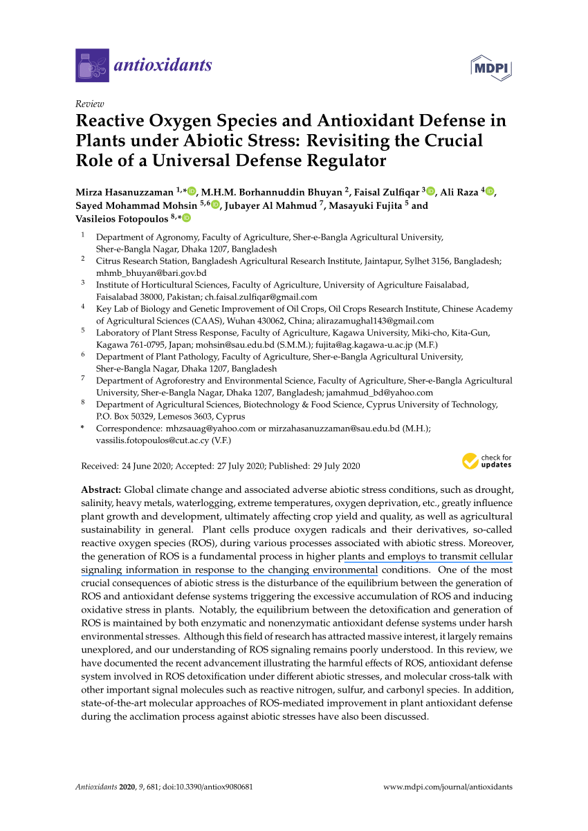 PDF) Antioxidant Defense System in Plants Against Biotic Stress