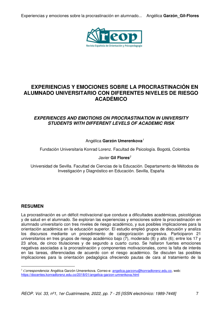 PDF Experiencias y emociones sobre la procrastinación en alumnado  