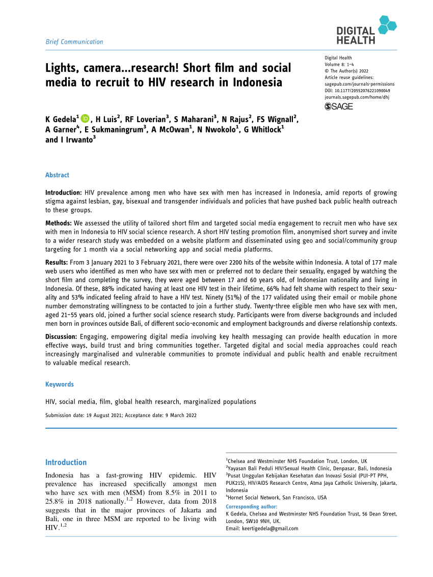 PDF) Lights, camera…research! Short film and social media to recruit to HIV  research in Indonesia