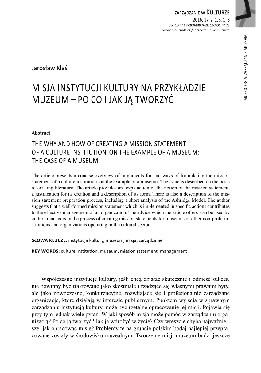 Pdf Misja Instytucji Kultury Na Przykładzie Muzeum Po Co I Jak Ją Tworzyć Zarządzanie W 