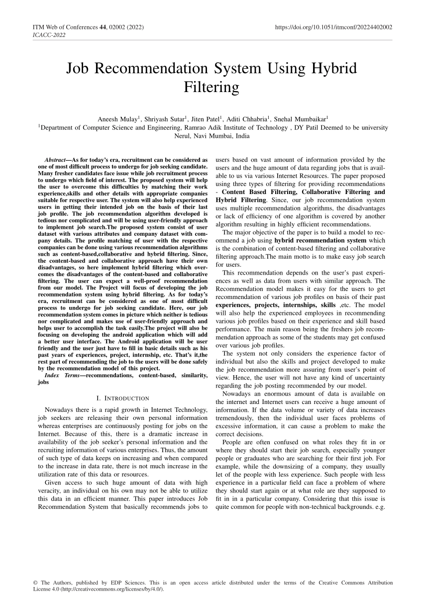 Pdf Job Recommendation System Using Hybrid Filtering 1087