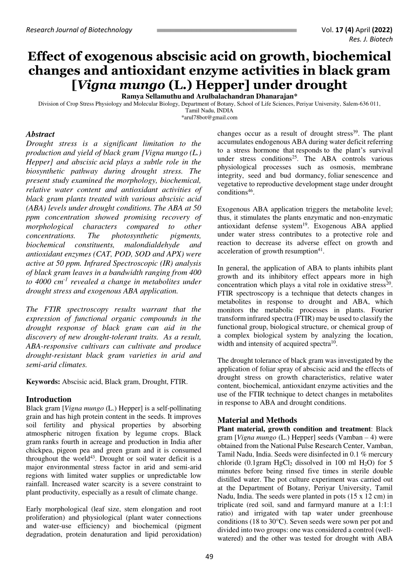 PDF) Effect of exogenous abscisic acid on growth, biochemical