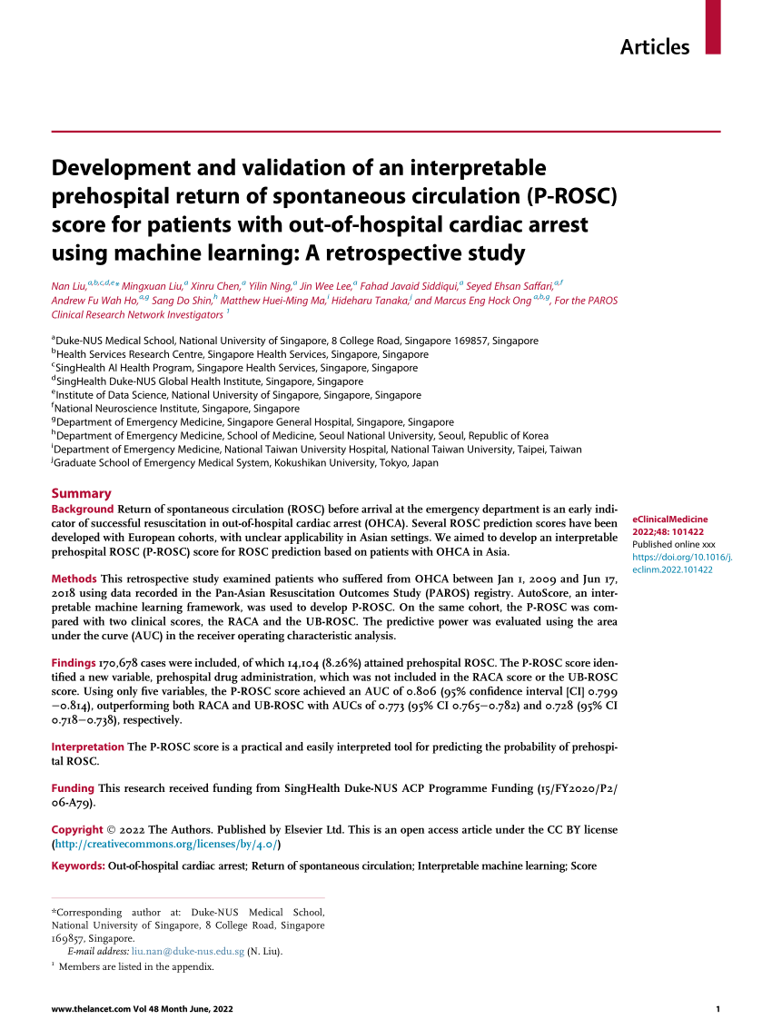 PDF) Development and validation of an interpretable prehospital return of  spontaneous circulation (P-ROSC) score for patients with out-of-hospital  cardiac arrest using machine learning: A retrospective study