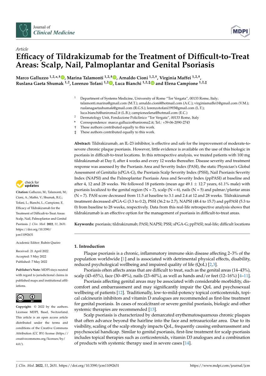 Pdf Efficacy Of Tildrakizumab For The Treatment Of Difficult To Treat Areas Scalp Nail 