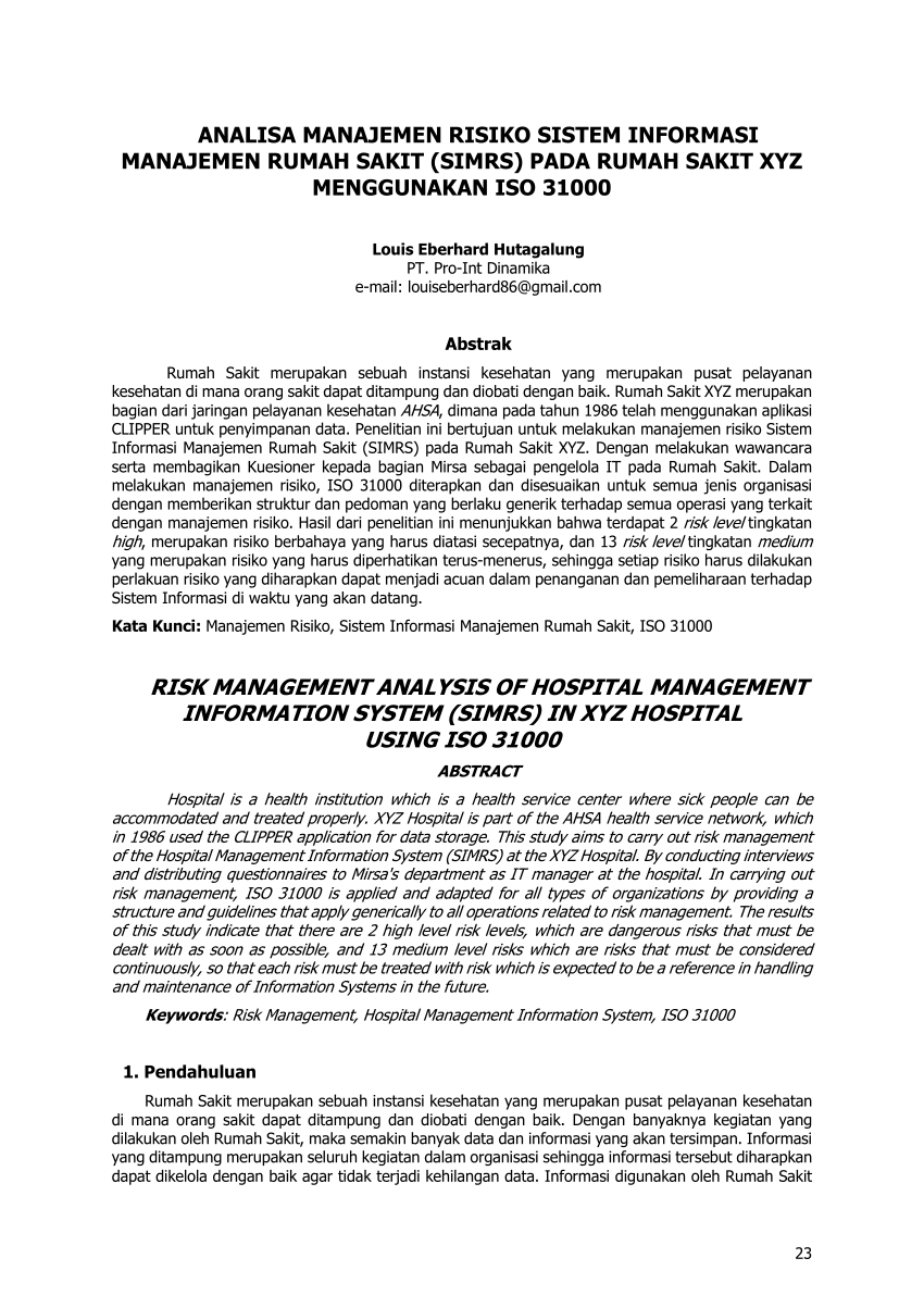 Pdf Analisa Manajemen Risiko Sistem Informasi Manajemen Rumah Sakit Simrs Pada Rumah Sakit 4093