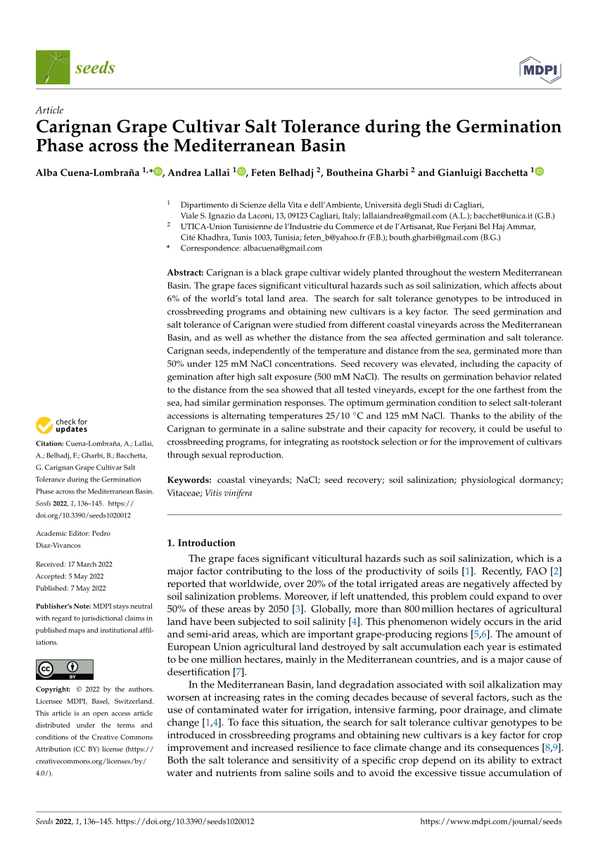 Pdf Carignan Grape Cultivar Salt Tolerance During The Germination Phase Across The Mediterranean Basin