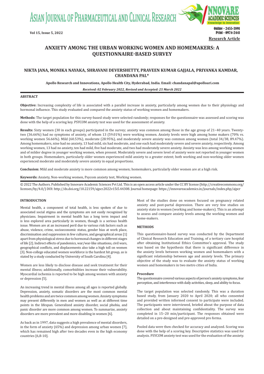 PDF) ANXIETY AMONG THE URBAN WORKING WOMEN AND HOMEMAKERS: A  QUESTIONNAIRE-BASED SURVEY