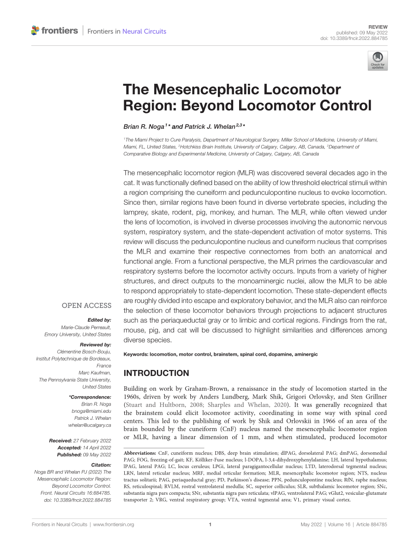 Frontiers  The Mesencephalic Locomotor Region: Beyond Locomotor Control
