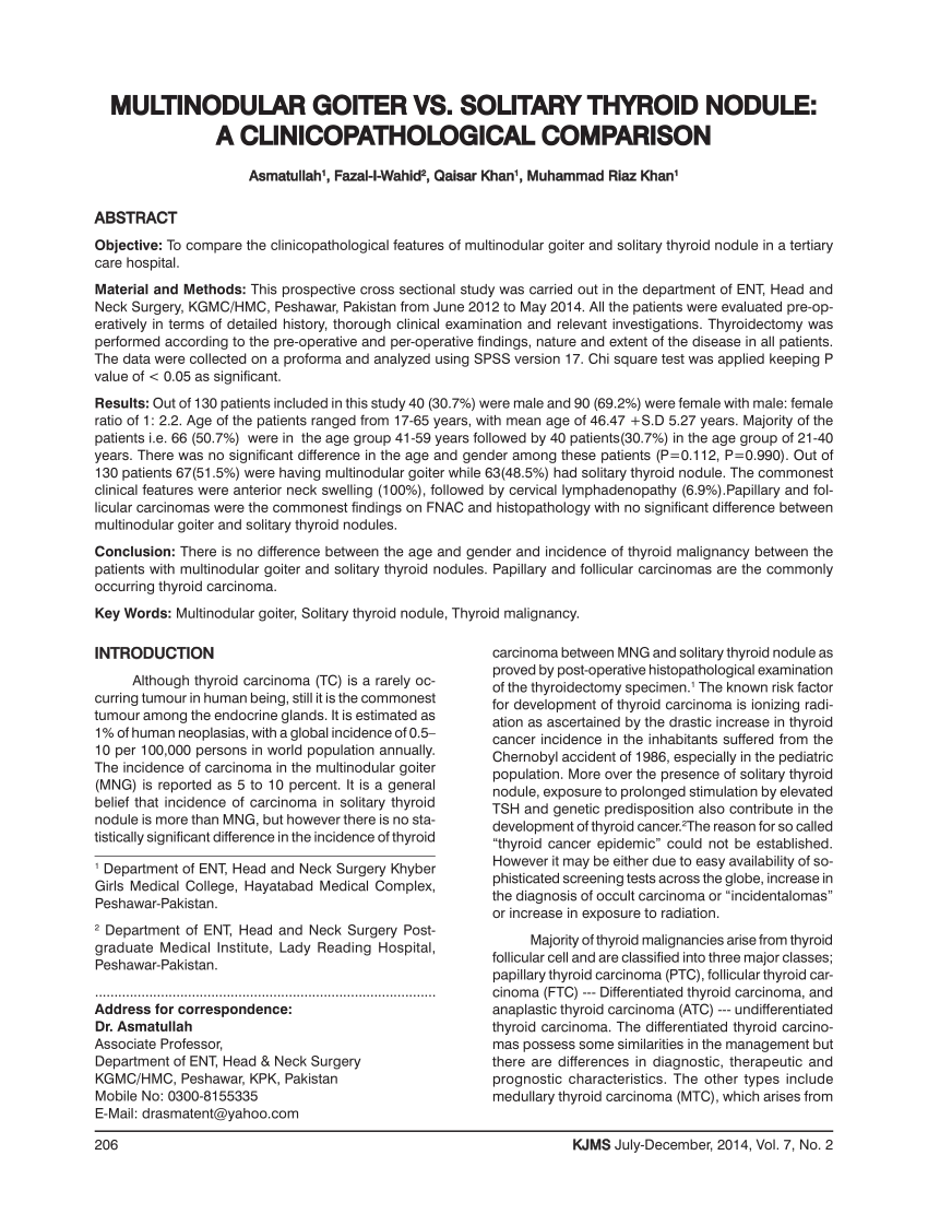 Pdf Multinodular Goiter Vs Solitary Thyroid Nodule A