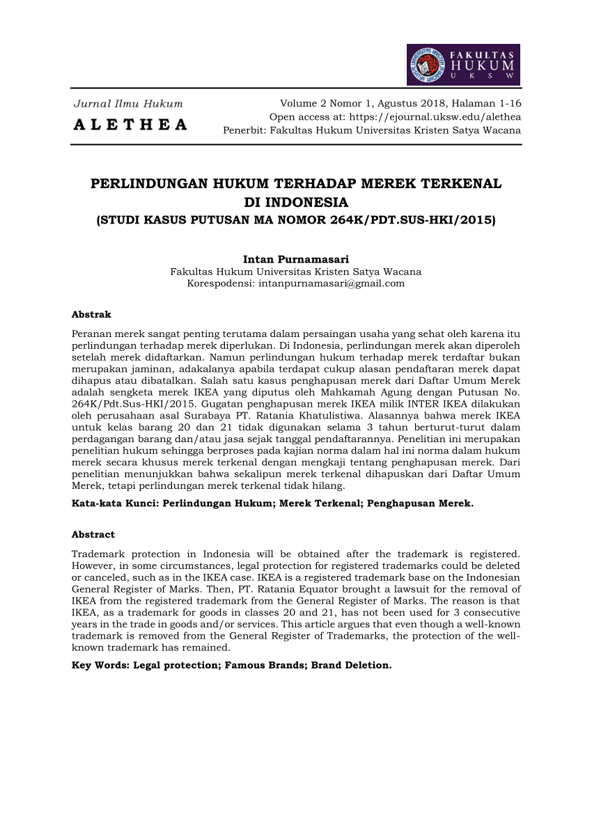 (PDF) PERLINDUNGAN HUKUM TERHADAP MEREK TERKENAL DI INDONESIA (STUDI
