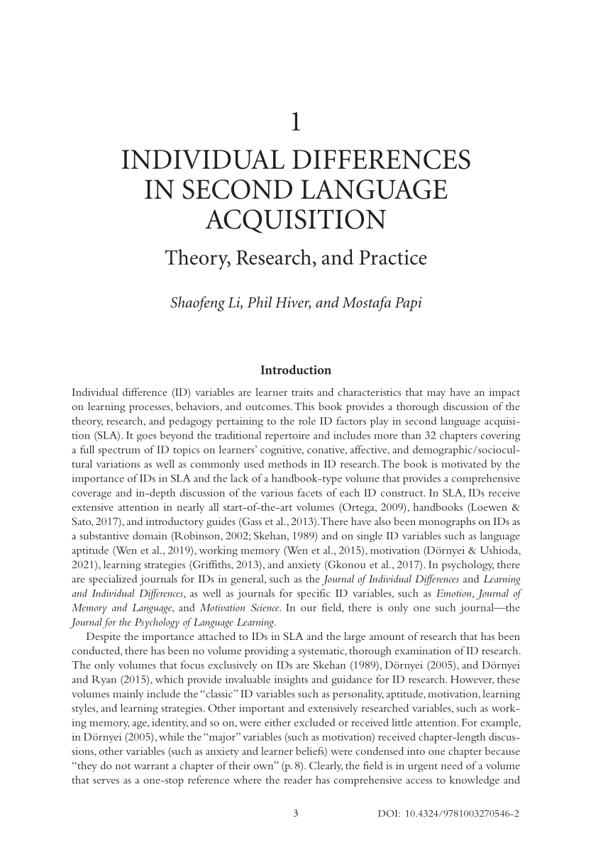 PDF) Individual Differences in Second Language Acquisition: Theory