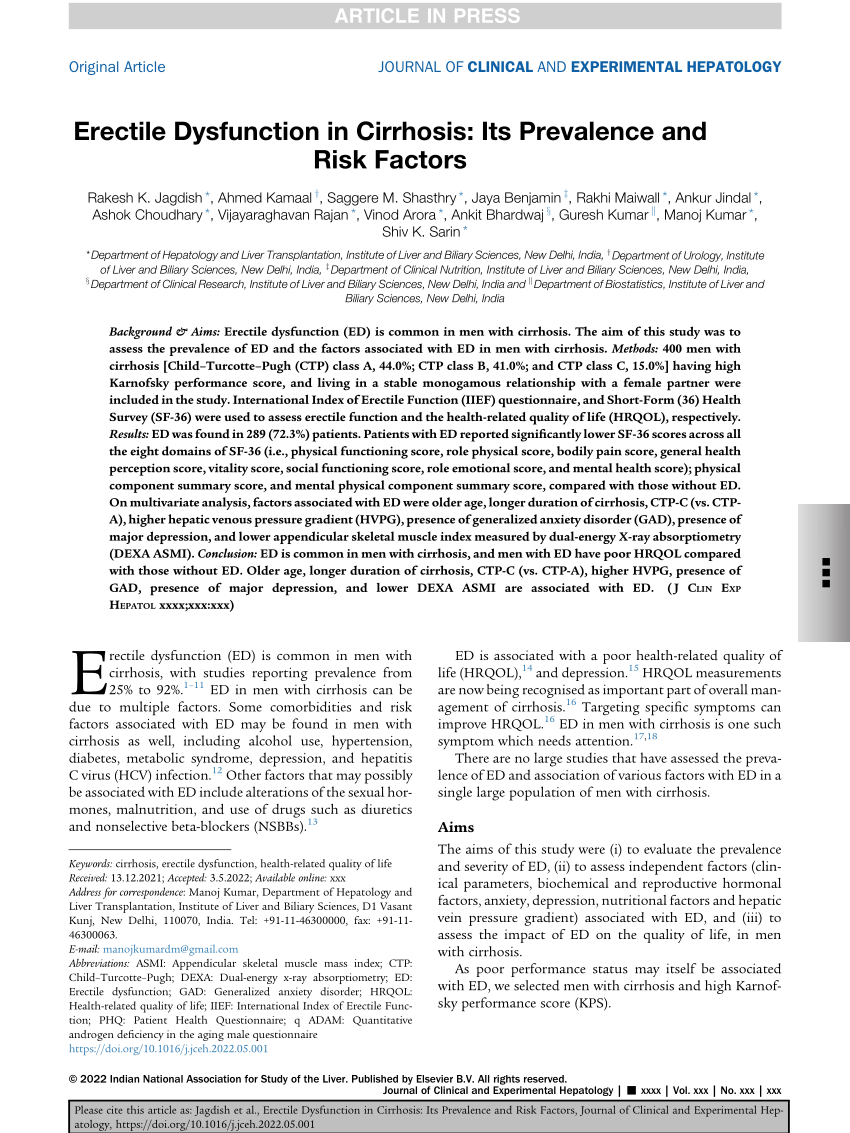 PDF Erectile Dysfunction in Cirrhosis Its Prevalence and Risk