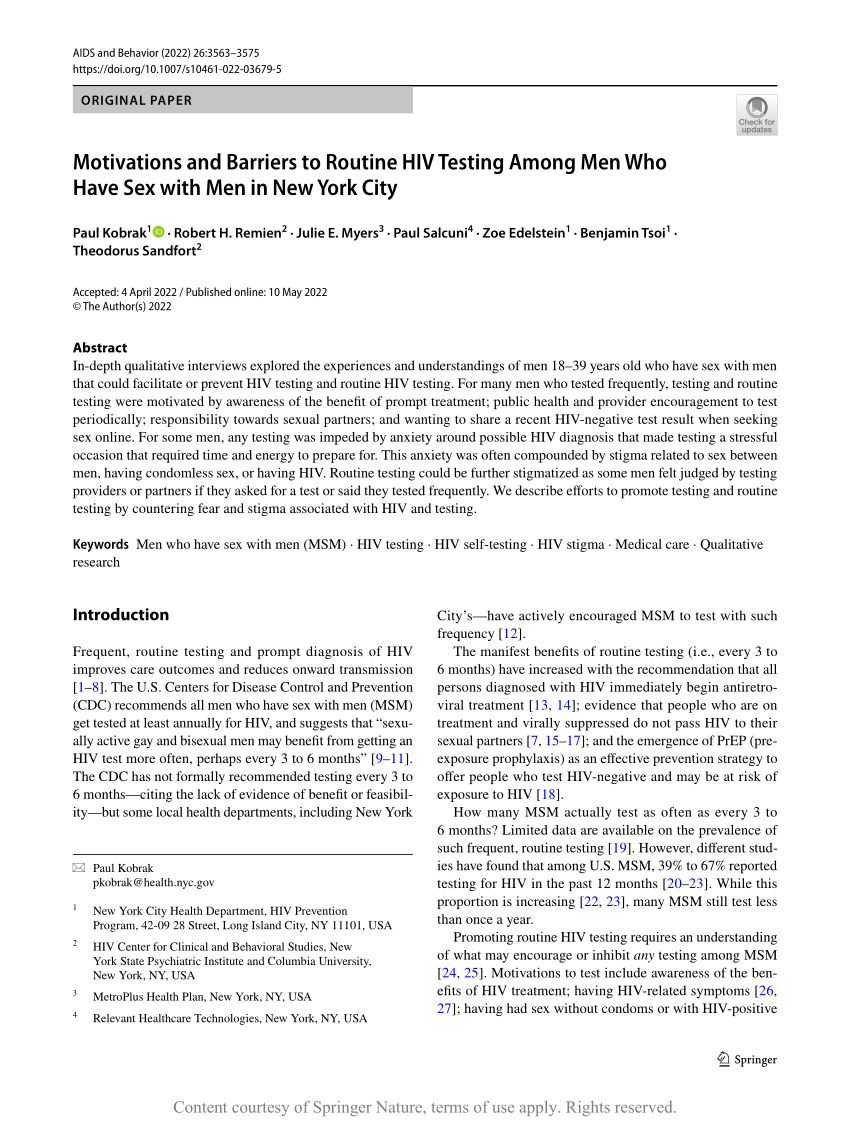 Pdf Motivations And Barriers To Routine Hiv Testing Among Men Who Have Sex With Men In New