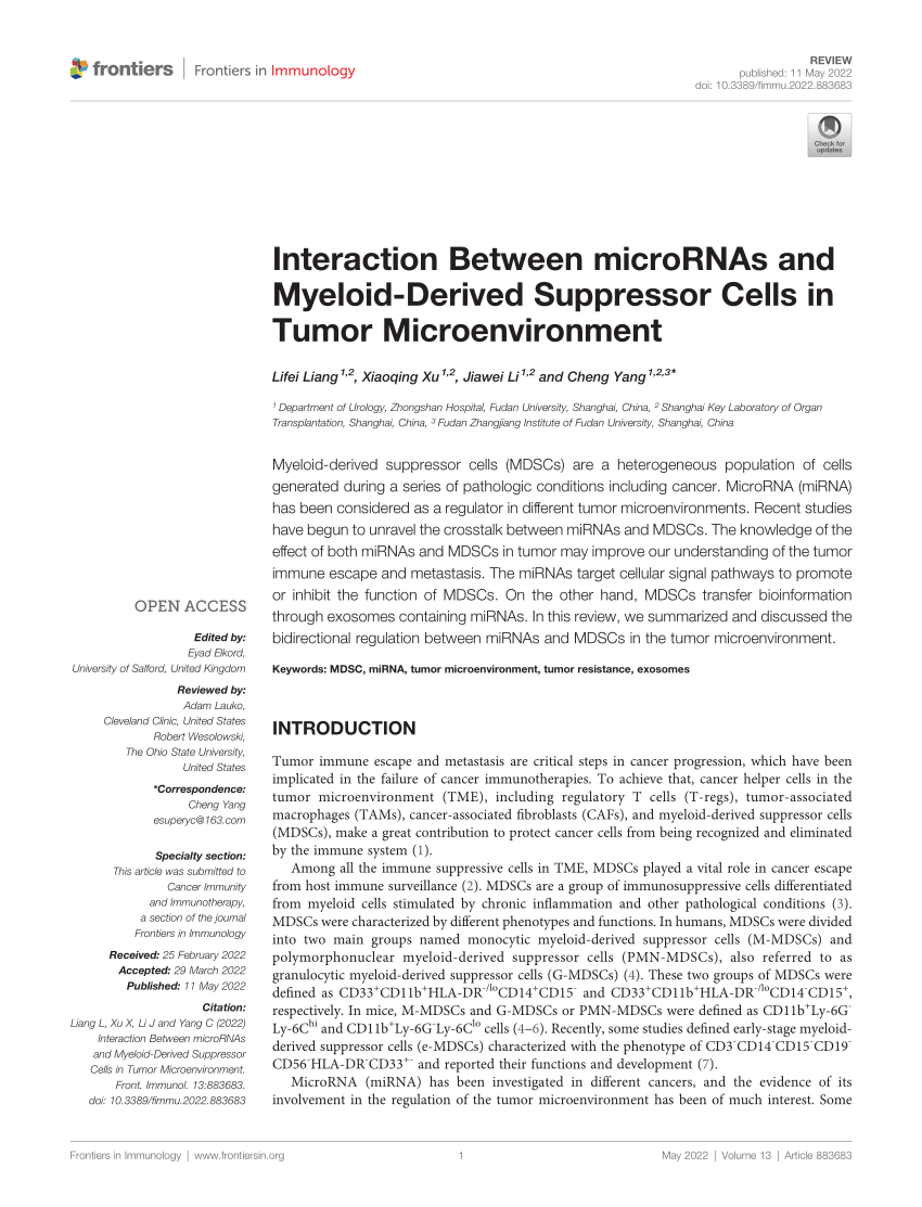 Pdf Interaction Between Micrornas And Myeloid Derived Suppressor Cells In Tumor Microenvironment