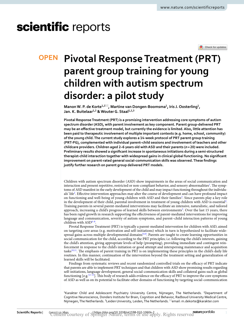 PDF) Pivotal Response Treatment (PRT) parent group training for young  children with autism spectrum disorder: a pilot study