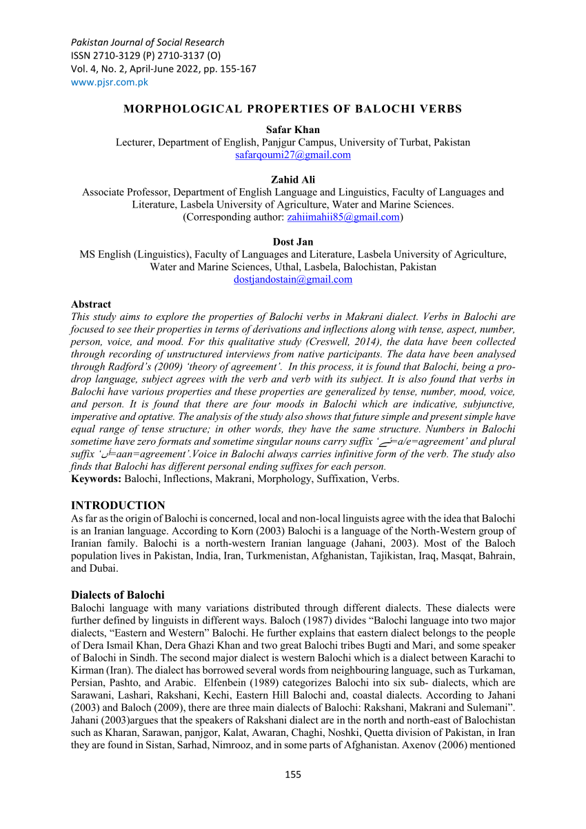 (PDF) MORPHOLOGICAL PROPERTIES OF BALOCHI VERBS