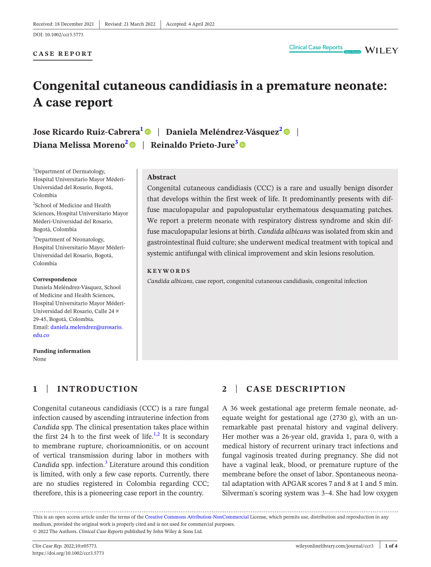 Pdf Congenital Cutaneous Candidiasis In A Premature Neonate A Case Report 